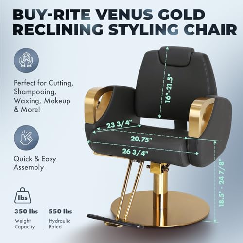 Venus Gold Salon Chair - Reclining Styling Chair with Adjustable Headrest