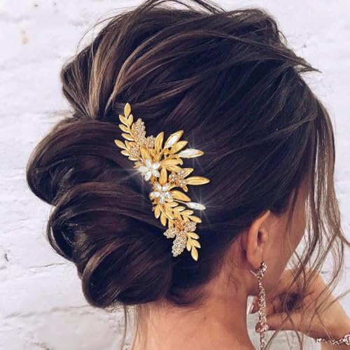 Gold Leaf Wedding Hair Comb with Crystals