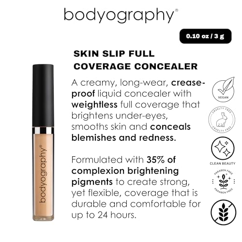 Bodyography Skin Slip Full-Coverage Liquid Concealer | Lightweight, Buildable Formula with 35% Pigment | Infused with Glycerin & Vitamin E for Hydration | Satin Finish, All-Day Wear