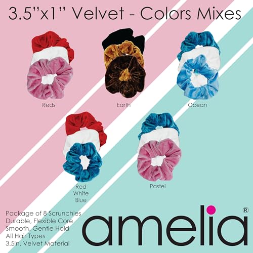 Amelia Beauty, Tan Velvet Scrunchies, Medium 3.5in, Gentle on Hair, Strong Hold, No Snag, No Dents or Creases. 8 Pack