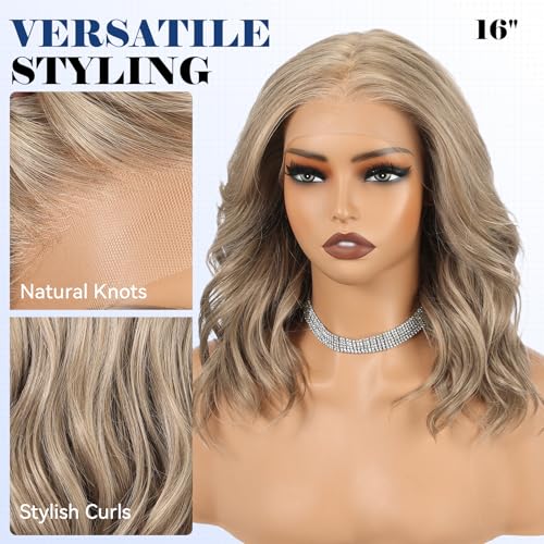 HAIRCUBE 13x6 HD Lace Front Wig 16-Inch Wavy Synthetic Hair - Mixed Ash Blonde, Model #KN814