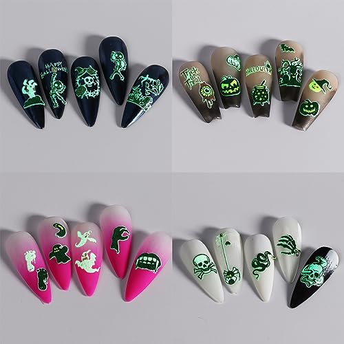 Halloween Nail Stickers 3D Self-Adhesive Nail Decals Halloween Skull Ghost Bat Pumpkin Design Cute Nail Art Stickers Glow in The Dark Nail Decorations for Women Halloween Nail Supplies (6 Sheets)