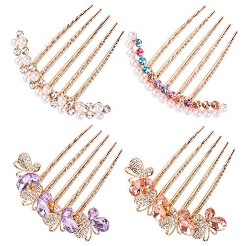 Pearl Rhinestone Hair Combs - 4-Piece Butterfly Clip Set for Buns & Updos