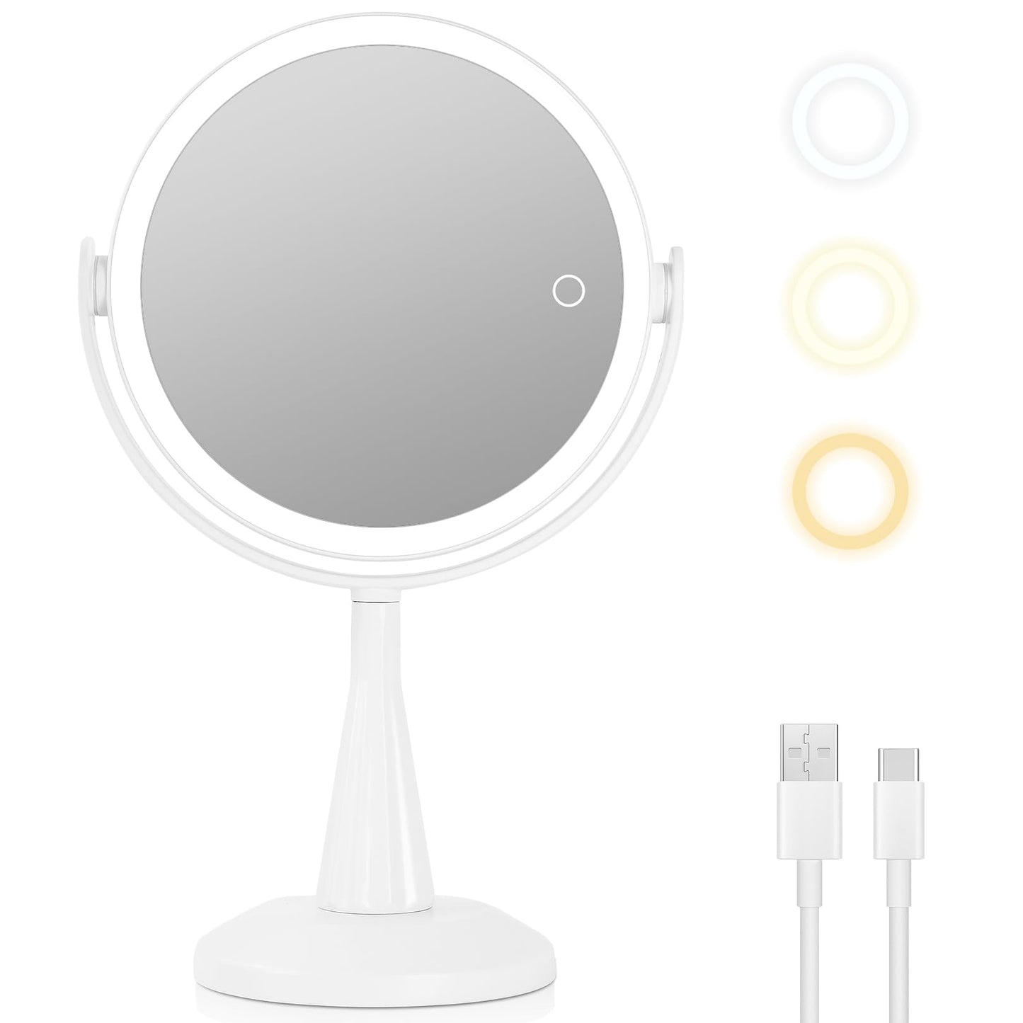 LUKYMIRO 1X 10x Magnifying Mirror with Lights, Double Sided 8" Lighted Makeup Mirror, Rechargeable, 360 Degree Rotation, White Plastic Frame, 8.6" L x 8.6" W x 13.8" H, Modern, Bathroom, Beauty, Home
