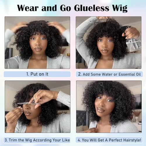 Short Kinky Curly Bob Human Hair Wig with Bangs for Black Women