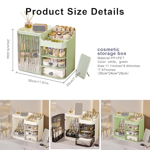 DASITON Makeup Organizer for Vanity,Large Capacity Makeup Storage Organizer with 3-Layer Drawers and Mirror,Cosmetics Display Case Make up Organizers for Vanity,Bedroom,Countertop(Green)