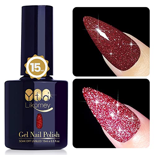 YTD Likomey Reflective Glitter Gel Nail Polish,15ml Galaxy Berry Red Flash Diamond Shimmer Gel,Sparkly Shiny Salon Home Nail Art Manicure UV Gel Varnish,SZ232