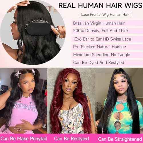 30 Inch Body Wave Lace Front Wigs Human Hair 200 Density 13x6 HD Lace Frontal Wigs Pre Plucked Glueless Brazilian Virgin Human Wig with Baby Hair Body Wave wigs for Women Natural Black