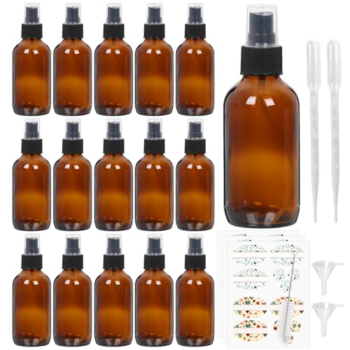 STARSIDE Amber Glass Spray Bottles 16-Pack 4oz with Fine Mist Sprayers & Dust Caps