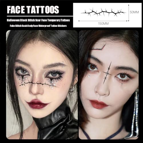 16 Sheet Stitch Scar Face Temporary Tattoos - Halloween Waterproof