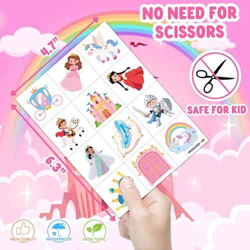 96 PCS Little Princess Pre-Cut Temporary Tattoos for Kids | Super Cute Princess Themed Birthday Party Favors, Supplies, Decorations, Castle Tattoo Stickers, School Rewards Prizes & Gifts Boys Girls