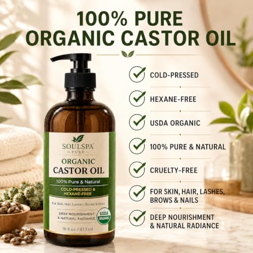 Organic Castor Oil 16 fl oz - Cold Pressed, Hexane Free, for Hair & Skin