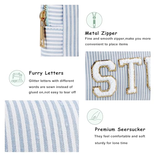 uekeboag Seersucker Chenille Letter Stuff Meds RX Makeup Bag, Travel Washable Purse Organizer with Zipper, Lightweight Toiletry Cute Personalized Preppy Cosmetic Bag For Women and Girls(3pcs Blue)