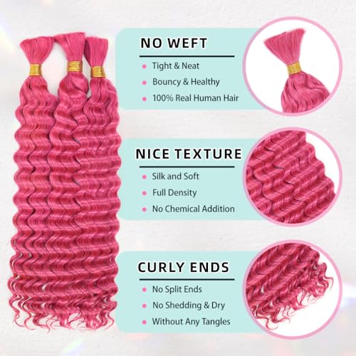 10 Inch Deep Wave Human Braiding Hair for Boho Braids ? 120g 3 Bundles/Pack Pink 100% Unprocessed 12A Brazilian Virgin Human Hair Bulk, No Weft, Wet & Wavy Curly Extensions