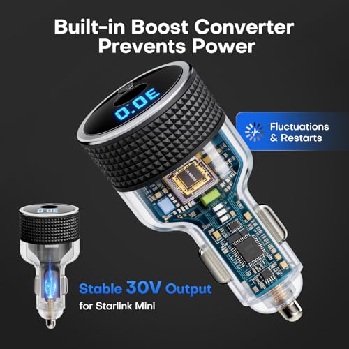Starlink Mini Car Adapter - 12V/24V to 30V with Voltage Display