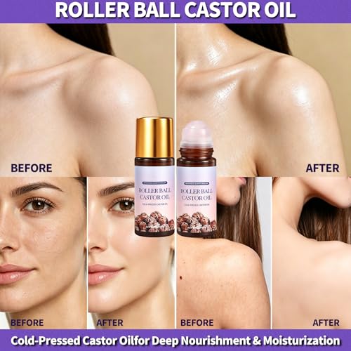 NIZENTA 2PCS Cold-Pressed Castor Oil Roll-On with Rose Quartz Roller - Moisturizing Face & Body, 1.7 Fl Oz Each