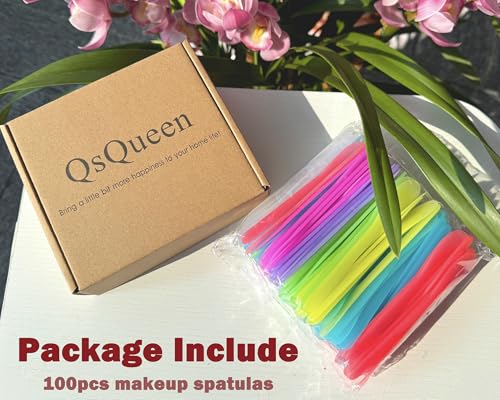 QsQueen 100 Pcs Cosmetic Spatulas, 7 Colors - Reusable Makeup Scoop