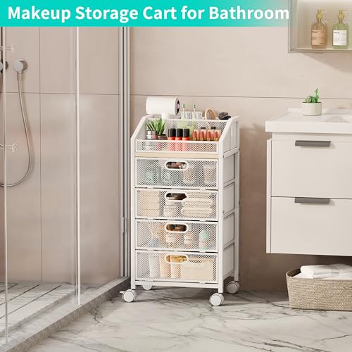 HapiRm White Rolling Makeup Cart Organizer with 5 Sections & Mesh Drawers
