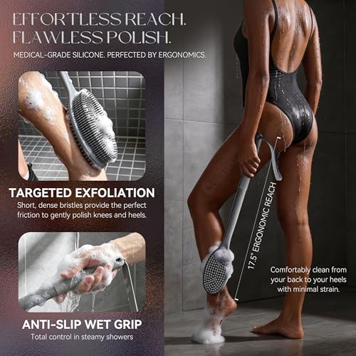 CORATED Silicone Back Scrubber with Long Handle, 2-in-1 Exfoliating Body Brush