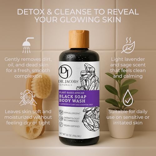 Dr Jacobs Naturals Authentic African Black Liquid Soap with Lavender & Sage Scent All-In-One Face Wash, Sensitive Skin Body Wash, Shampoo, Shaving Soap | Moisturizing and Nourishing Formula 32oz 2pk