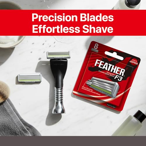 Feather - F3 Razor Blades Refills - Wavy Guard with SiC Ceramic Technology for Smooth Shave - Reduces Irritation and Razor Burns - Innovative Comfortable Blades for Sensitive Skin - 8 Pack