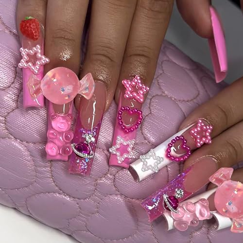 24 Pcs Nude Pink Press on Nails Square Long Nails Candy Heart Pearl Charm Designs French Tip False Nails Acrylic Fake Nails Full Cover Glue on Nails Holiday Stick on Nails Artificial Nails for Women