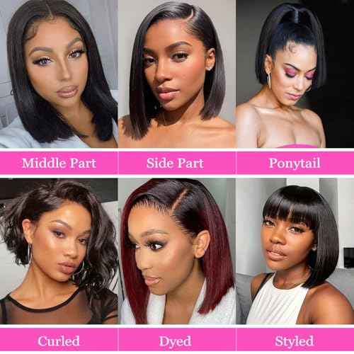 Bob Wig Human Hair for Women, 13x4 Pre-Plucked HD Transparent Lace Front Wigs,180% Density Short Straight Black Bob Wigs (14inch)