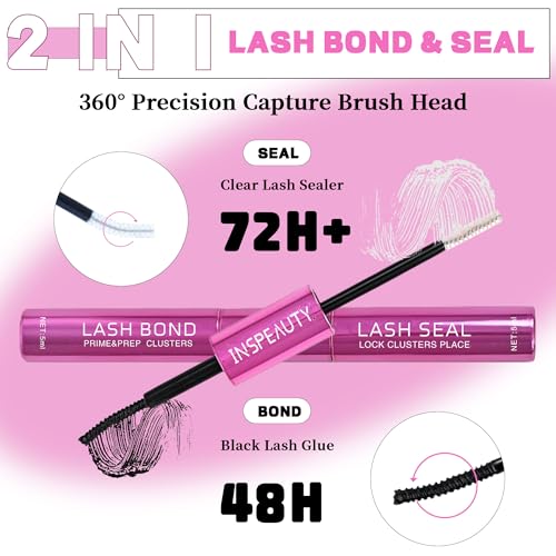 INSPEAUTY Lash Bond and Seal Duo, 5ml+5ml Waterproof Lash Glue for Eyelash Clusters, 72H Hold