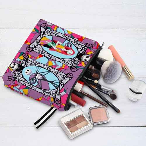 Portable Jack & Sally Themed Makeup Bag, Before Xmas Nightmare Cosmetic Bag, Jack Skellington & Sally Portable Travel Cosmetic Organizer- Cotton & Linen, Water-Resistant, 9.8x7 Inches