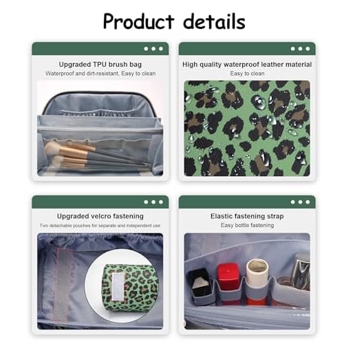 BOYATU Travel Makeup Bags for Women: 3 Pcs Set Large Capacity Leopard Print Cosmetic Organizer Case Carry Your Wild Side - Detachable Toiletry Bag for Full-sized Skincare Bottles (09-Green)