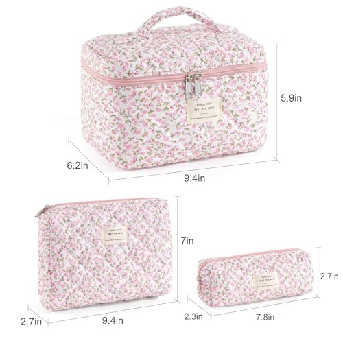 Makeup Bag for Women 3PCS Quilted Cotton Make Up Bag Travel Cosmetic Bag Large Makeup Bag Set Cute Makeups Organizer Floral Toiletry Pouch for Purse, Pink Floral D