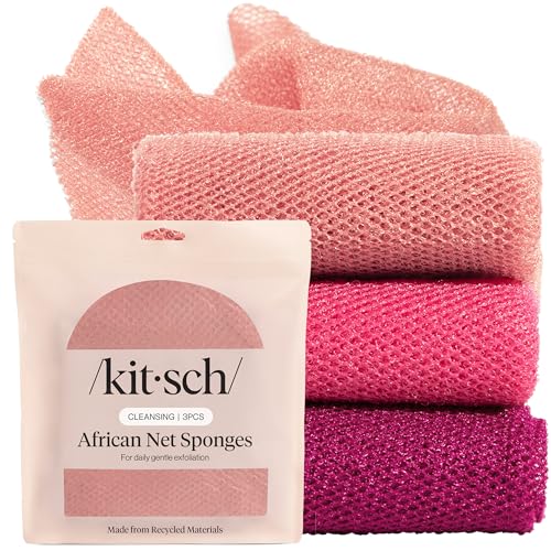 Kitsch African Net Sponge - Exfoliating Body Scrubber, Berry Pink, 3 Pack