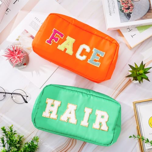 Whaline 4Pcs Preppy Nylon Cosmetic Bag Chenille Letter Makeup Organizer Bag Set Patches Toiletry Cosmetic Case Waterproof Zipper Cosmetic Pouch for Women (Neon Color,Skin,Stuff,Hair,Face)