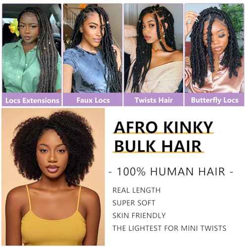 Afro Kinkys Bulk Human Hair 2 Bundles 16 Inch Black Afro Kinky-Curly Human Hair Bundles for Dreadlock Extensions Locs Repair 100% Human Hair 4C Curly for Mini Twist