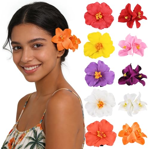 Hawaiian Flower Hair Clips Set - 10 Colorful Boho Clips
