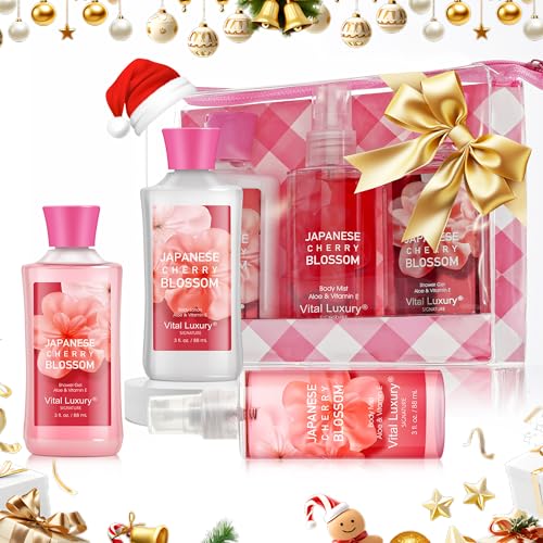 Bath and Body Gift Set ? Japanese Cherry Blossom, Travel-Size Spa Kit with Gel, Lotion, Mist & Natural Extracts, Ideal for Birthday, Mother's Day & Christmas Gifts