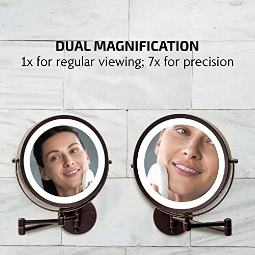 OVENTE 9" Lighted Wall Mount Makeup Mirror with 1X/7X Magnification, Cordless Double Sided Magnifying Round Vanity Mirror, 360¡Æ Swivel Design, Extendable and Folding Arm, Antique Bronze MFW85ABZ1X7X