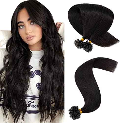 Hairro Pre Bonded Fushion Hair Extensions Nail Tip Human Hair Keratin U Tip Hairpieces Utip Remy Natural Glue Stick Flat Tipped Hairpiece For Women 100 Strands 16" 50g #1B Natural Black
