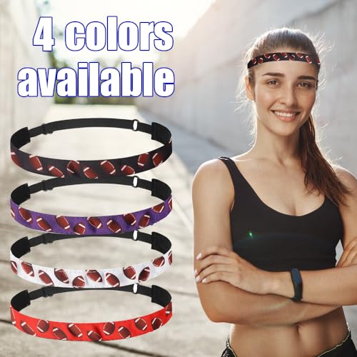 4PCS Football Headband for Women, Adjustable Non Slip Thin Stretch Elastic Red Black White Purple Sports Headbands, Cute Stretchy Athletic Sports Hairband Hair Accessories for Kids Adult