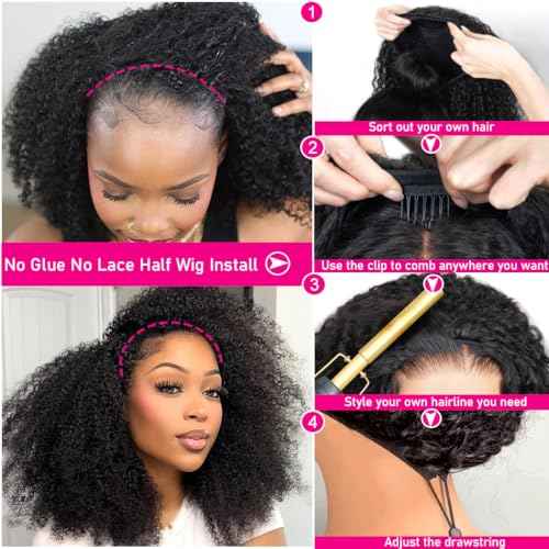 Kinky Curly Half Wig Human Hair 200 Density 3 In 1 Seamless Flip Over Half Wigs Human Hair Glueless Wear and Go Beginner Friendly Kinky Curly Wig Human Hair Drawstring Headband Wig for Women 20 Inch
