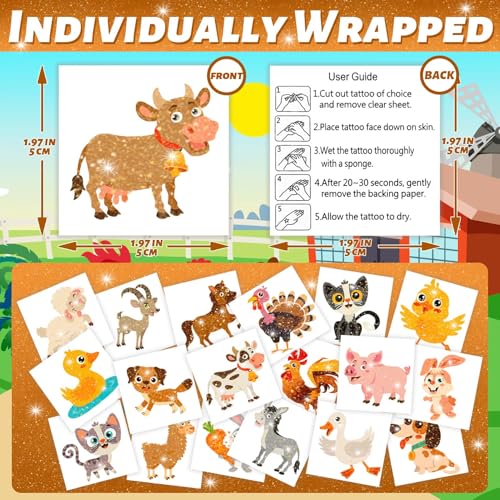 Winthrop 120 Pc Glitter Farm Animals Temporary Tattoos Kids