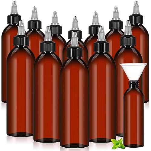 Barydat 12 Pcs Applicator Bottles for Hair, Squeeze Hair Oil Applicator Bottle Refillable Empty Plastic Bottles, Twist on Top Cap with Open Close Nozzle and 2 Funnels(8 oz,Amber)
