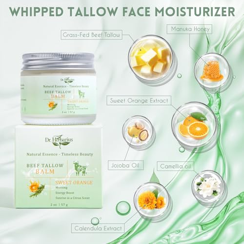 Beef Tallow for Face?Organic Grass Fed Tallow and Honey Balm for Dry & Wrinkled Skin Care, Revitalize Skin for Morning, 100% Natural, Hand Whipped, Deep Nourishing, Sweet Orange, 2 Oz.