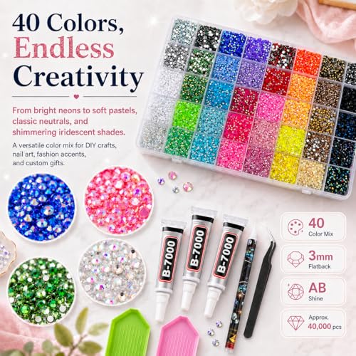 Bedazzling Kit 40000 Pcs Rhinestones, Glue & Tools - Multicolor 40 Colors Luxury Set