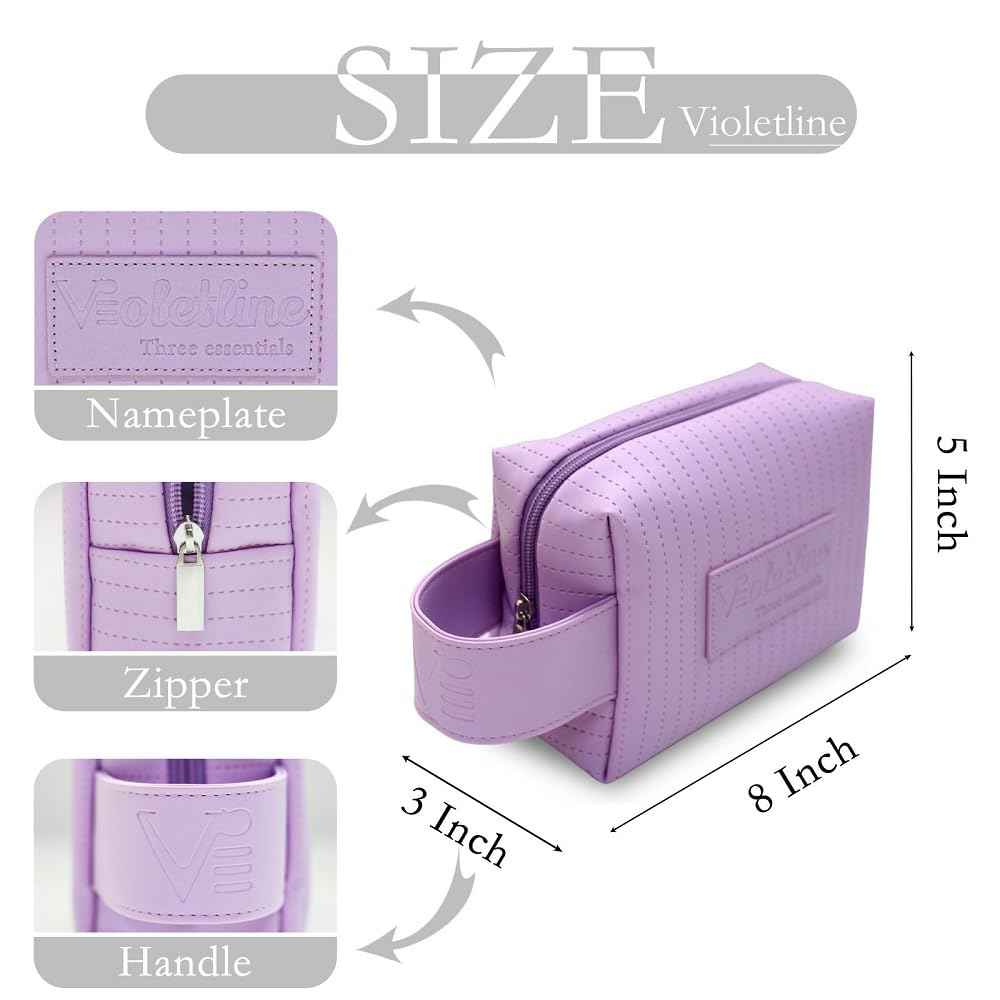 Violetline Women's Cosmetic Bag Essentials, Perfect Christmas Gifts! Elegant Preppy Travel Makeup Bag, Ideal Waterproof Leather Cosmetic Bag for Girls and Moms (Light Purple Cosmetic bag)