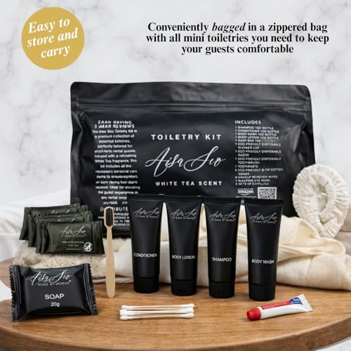 24 Piece Toiletry Kit for Hotels & Airbnb | 1oz Shampoo, Conditioner, Body Wash, Body Lotion, Bar Soap, Shower Cap, Razor, Toothbrush Set, Qtips & Makeup Remover Wipes (Toiletry Kit, 1)