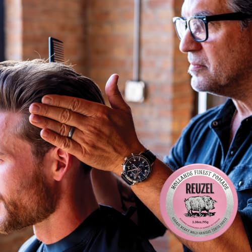 REUZEL Pink Grease Pomade, Strong All Day Hold, Oil-Based Styling Wax, Medium Shine, Easy To Wash Out, For All Hair Types