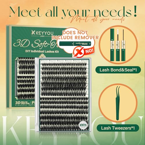 KEYYOU 3D Volume Lash Clusters Kit - 280Pcs D Curl with Bond & Tweezers