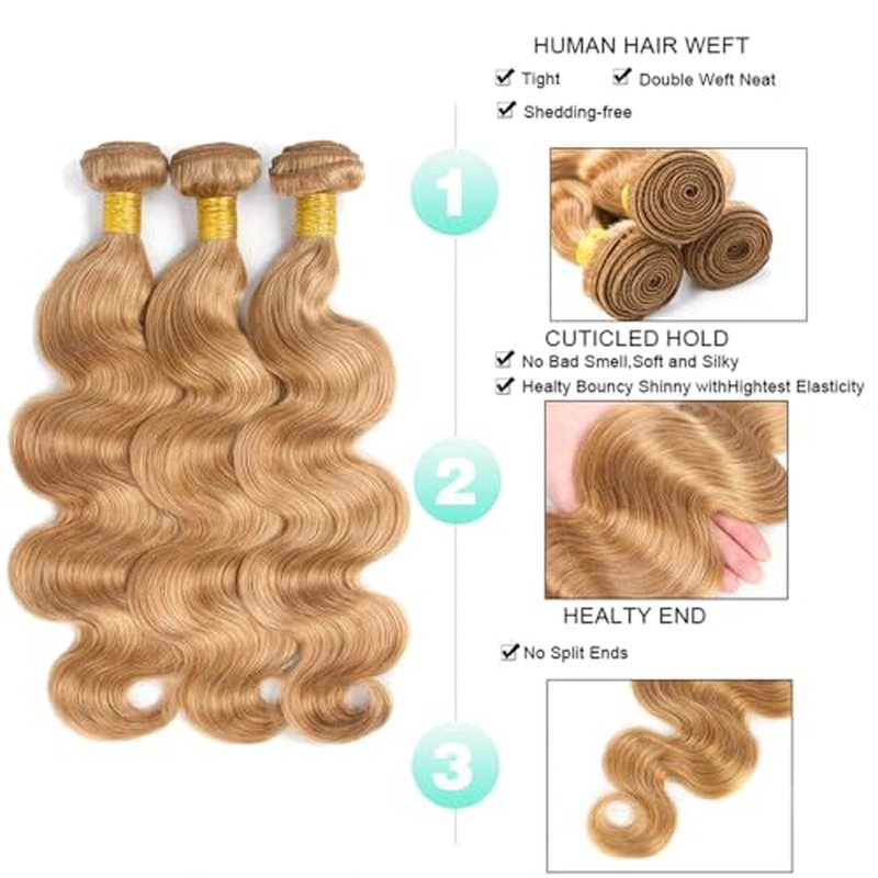 Honey Blonde Body Wave Human Hair 3 Bundles - 10 12 14 inch