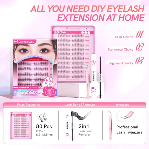 MLEN DIARY Lash Clusters Kit 80PCS C Curl Wispy Eyelash Extensions